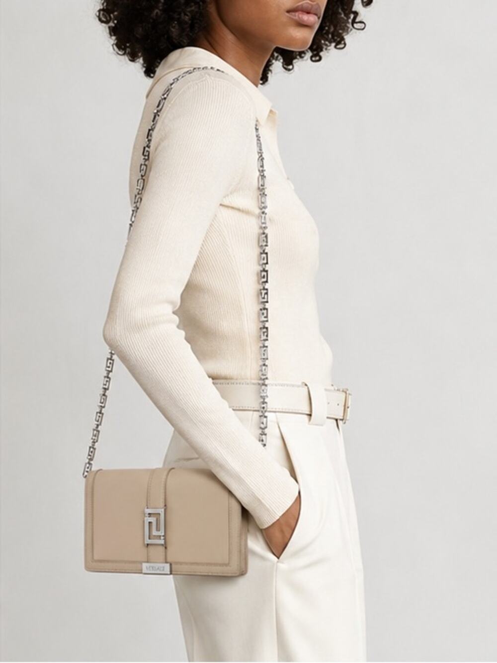 Versace Garcia Beige Leather Crossbody Bag with Silver Chain New